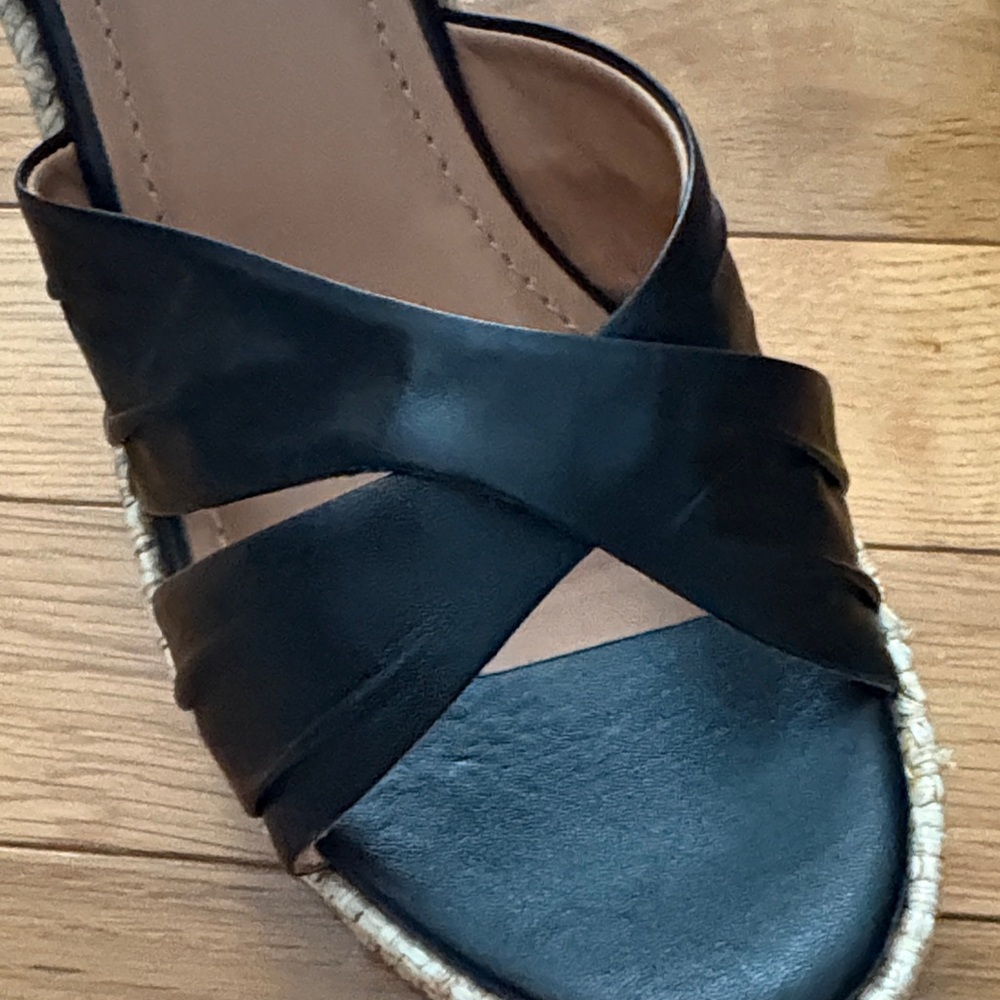 Johnston & Murphy Black Leather Espadrille Wedges with Ankle Strap - Picture 7 of 11